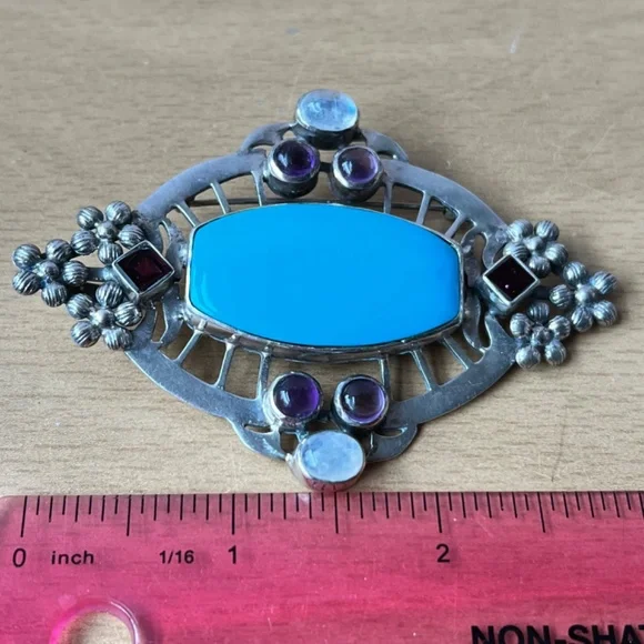 HUGE VINTAGE TURQUOISE AMETHYST GARNET MOONSTONE PENDANT PIN BROOCH 925STERLING
